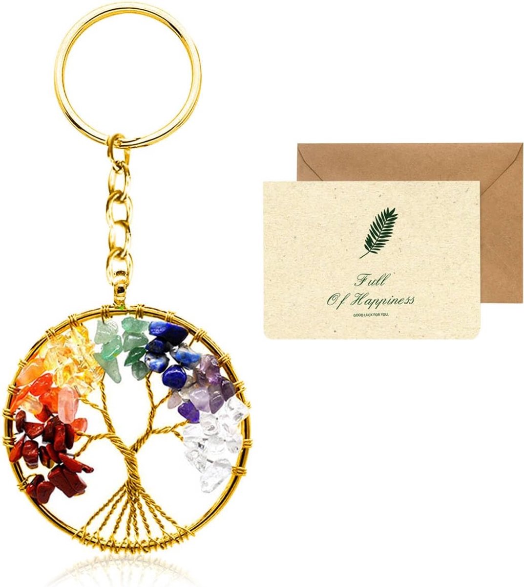 Sleutelhanger, 7 Chakra Heiling Kristal Levensboom Sleutelhanger Edelsteen Geluk Aanhanger Sleutelhanger Dames met een kaart (Gouden cirkel)