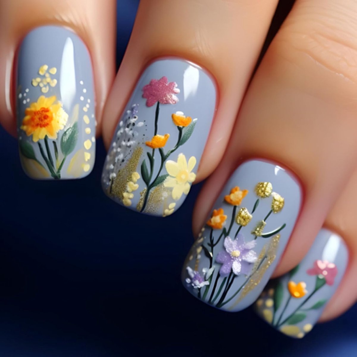 24 Stuks Korte Vierkante Valse Nagels, Blauwe Franse Tip Opdruknagels 3D Gerelieveerde Bloem Acryl Nep Nagel Set, Handgemaakte Volledige Cover Kleine Gel Oplijmnagels voor Vrouwen Meisjes
