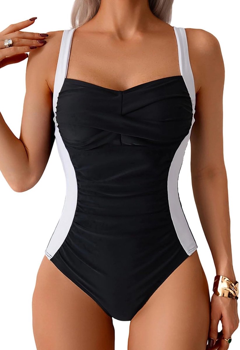 Badpak voor dames, eendelig, buikweg-badpak met cups, push-up, sexy badmode, V-hals, kleurblokkerend shape, zwempak, zwempak