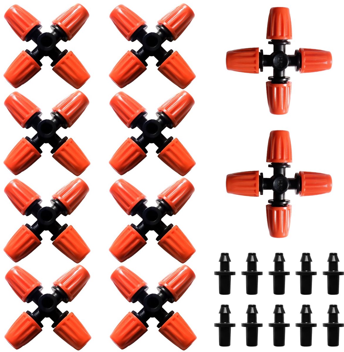 10 Stuks 4-Weg Misting Sprinkler, Kunststof Kruisvernevelingssproeier, Micro-Vernevelingsmondstuk met Weerhaakconnector, voor Kastuinplanten, Oranje