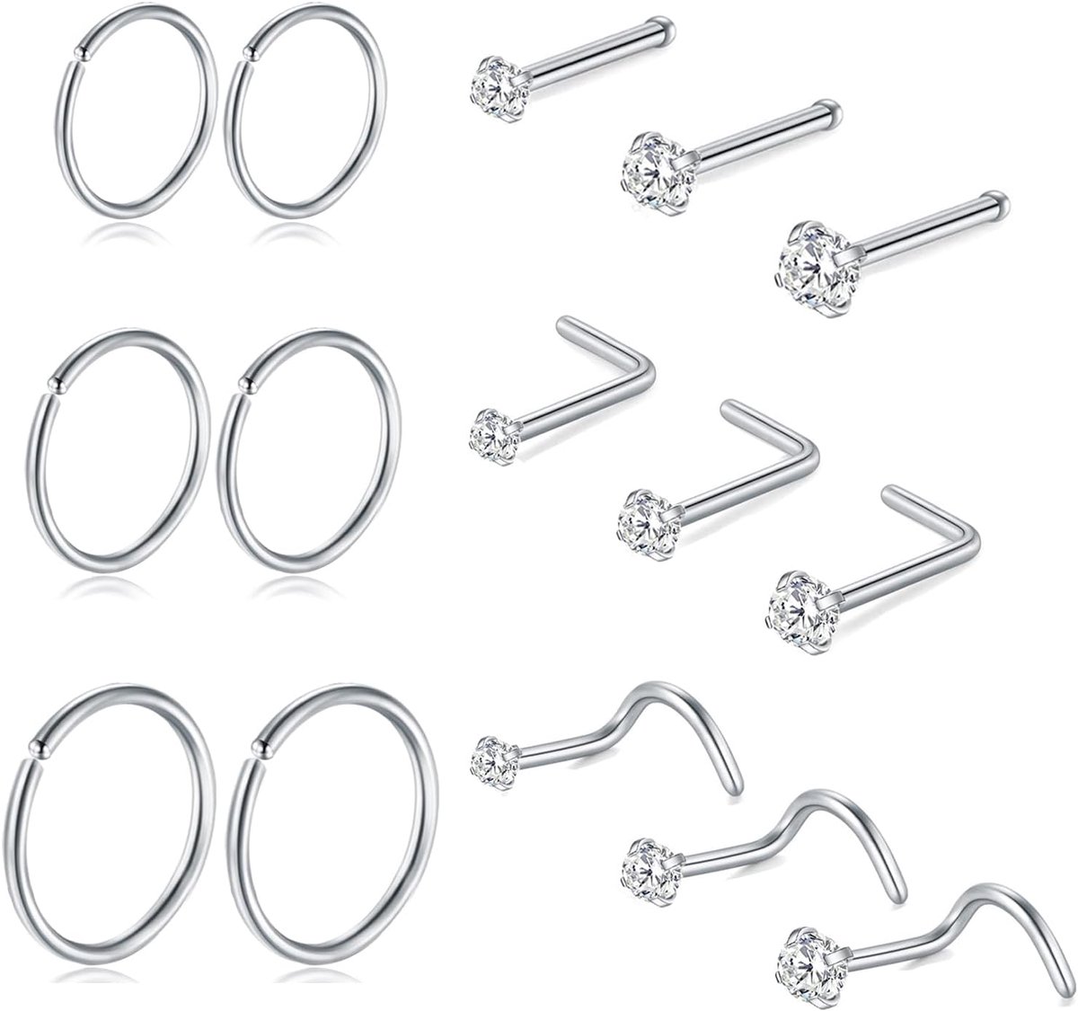 JY Titanium Nostrilringen, 20 g, 15 stuks, L-vormige schroef-neusstekers, 1,5/2/2,5 mm, zirkonia, klein, zilver, zwart, goud, neusring, hypoallergene neuspiercing-sieraden voor vrouwen