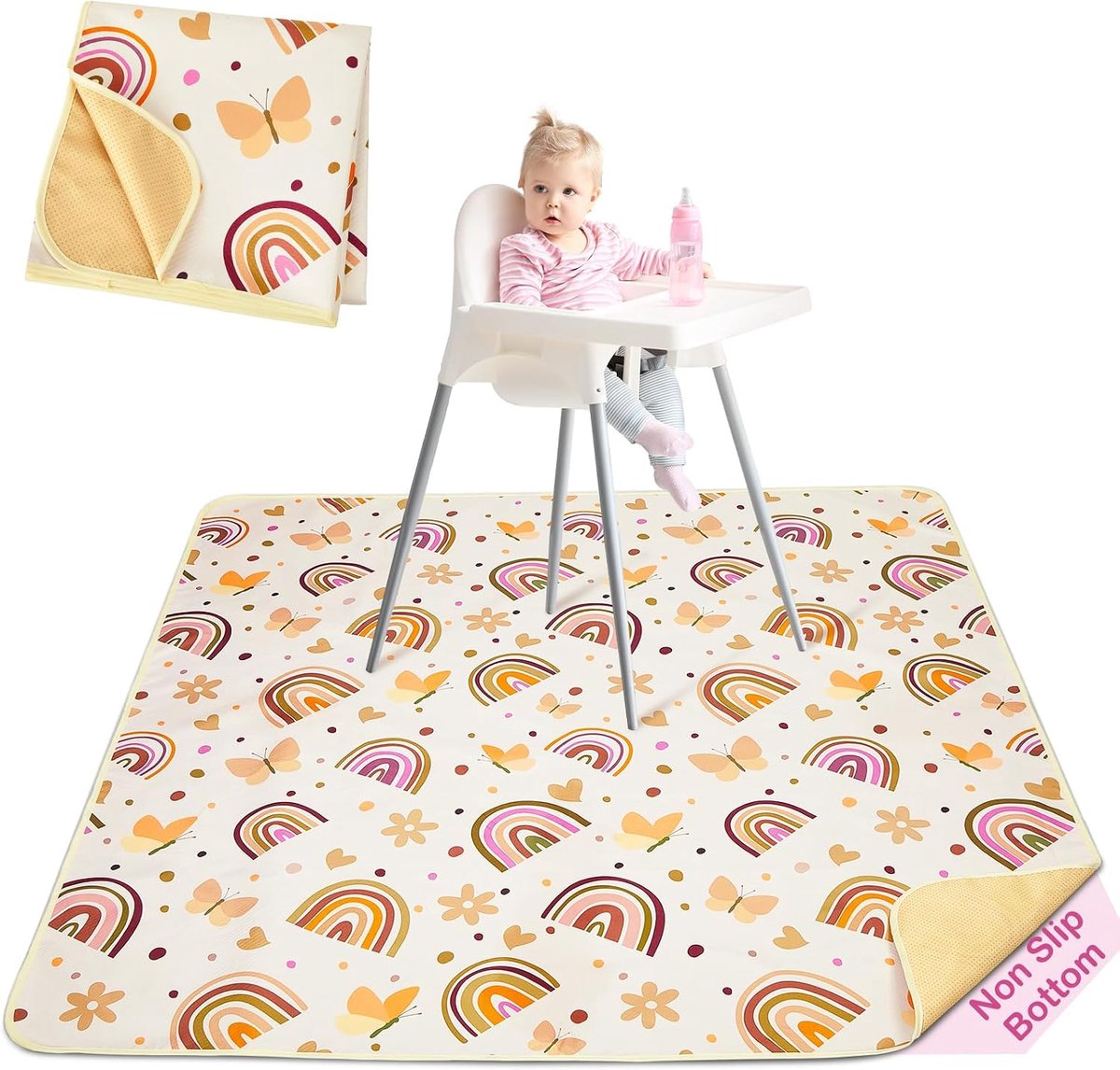 Castle Kinderstoelkussen 107x117cm,Waterdichte Wasbare Antislip Mat,Splash Mat Opvouwbaar en Draagbaar voor Maaltijden en Vloerbescherming,Brown Rainbow