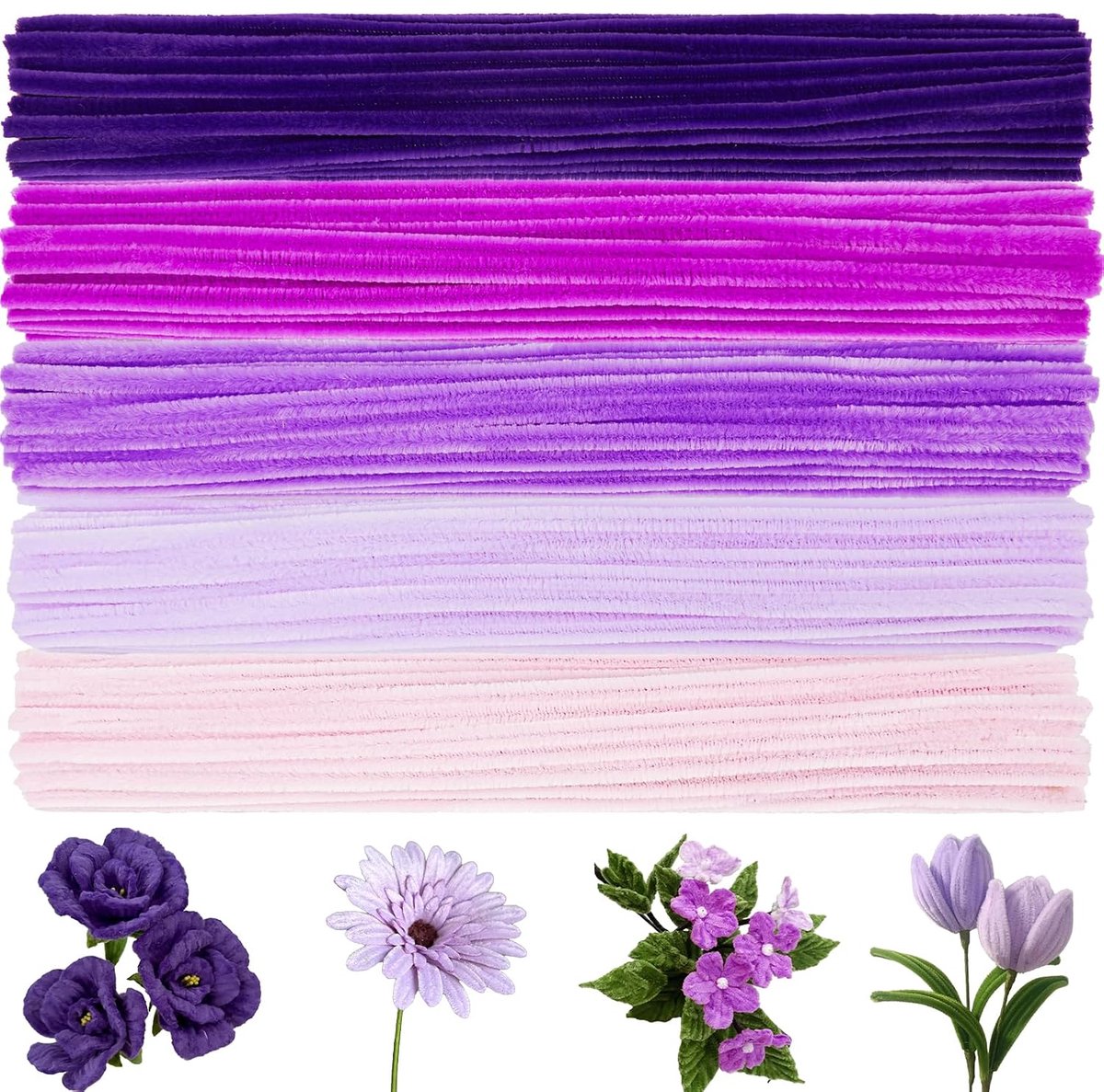 250 Chenilledraad Knutsel 30cm Lang 6mm Dik - 5 Tinten Kleurverloop Paars | Chenillestokjes Pijpenragers Kleurrijke, Pipe Cleaners Craft Flowers Kit, DIY, Bloemen, Feest, Geschenk, Decoratie, Geschenk