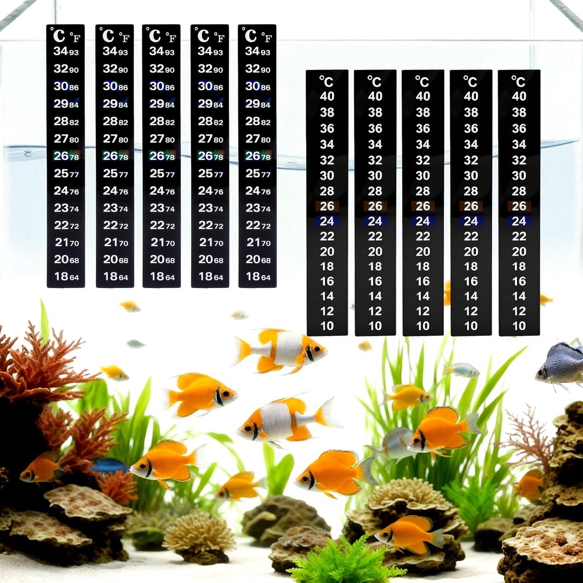 10 stuks watertemperatuurstickers, zelfklevende aquariumthermometer, 10-40 °C, thermometerstrips om op te plakken, herbruikbare thermometstrips, voor thuis, vis, tank en aquarium