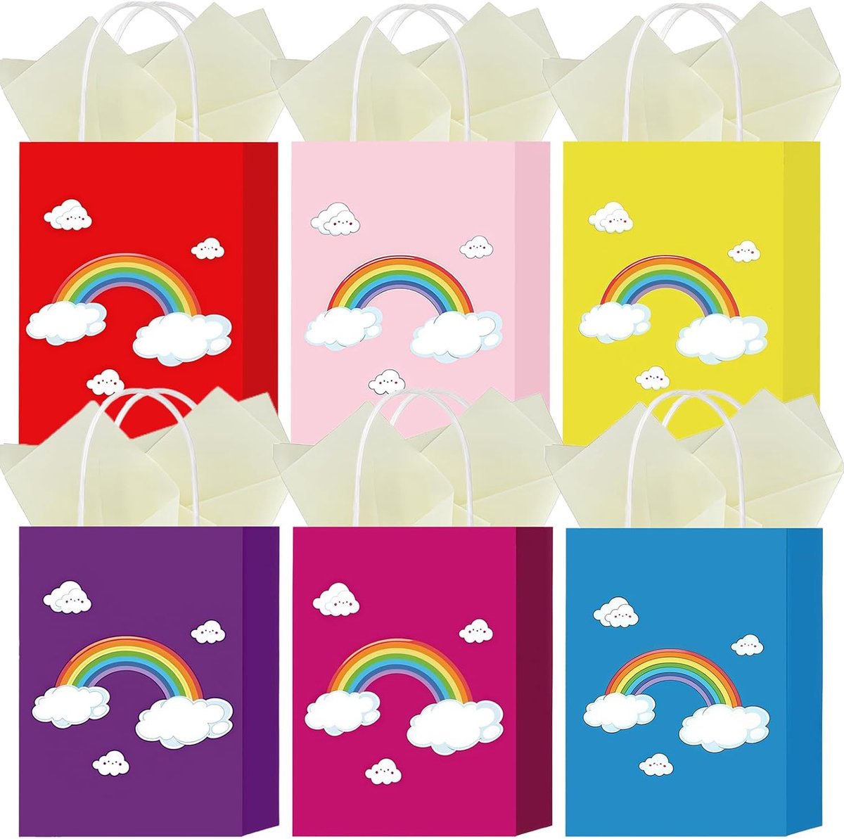 6 stuks regenbooggeschenkzakjes met handgrepen en 6 tissuepapier, kleine papieren feestzakjes voor verjaardag, babyshower, feestartikelen, 22 x 16 x 8 cm