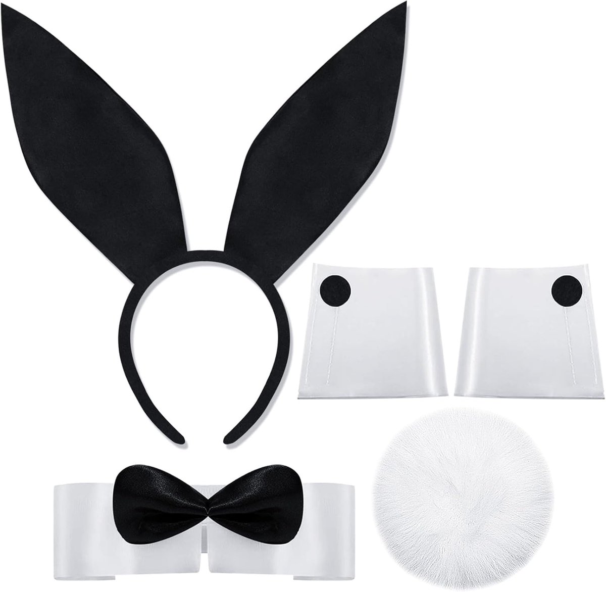 Set met hazenoren, hazenoren, kostuum, sexy hazenoren, halsketting, manchetten, hazenstaart, netkousen voor Halloween, carnaval, Pasen