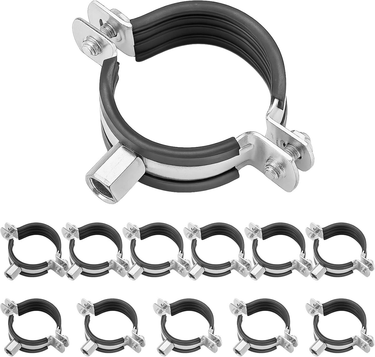 50 mm, staal, 12 stuks, metalen buisklemmen, geluidsisolatie-inzetstukken