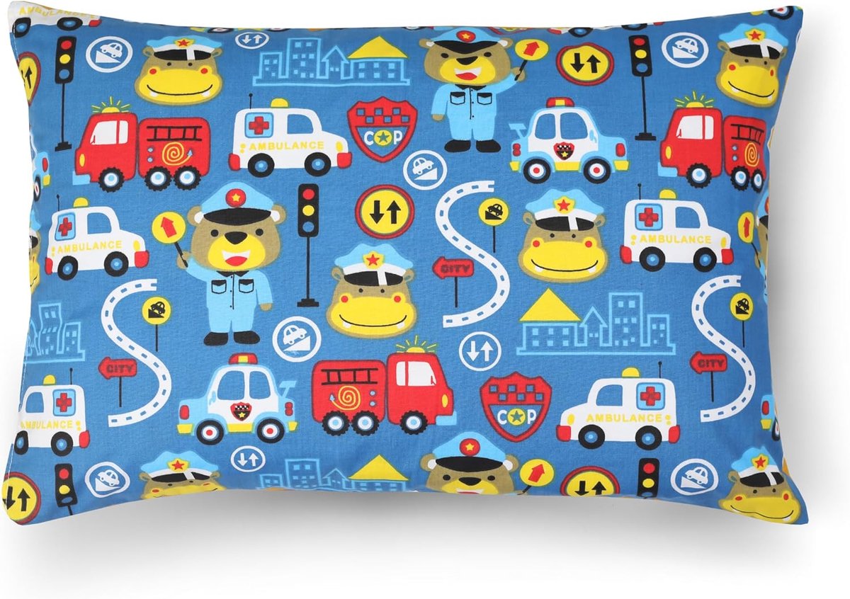Hoofdkussensloop voor kinderen & baby, kussensloop van 100% katoen, kussenhoes voor meisjes & jongens, Oeko-tex Standard 100, kinderkussensloop met ritssluiting (Hippo Politieagent, 40 x 80