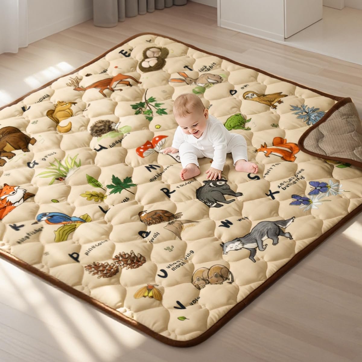 Babymat, gevoerd, opvouwbaar, 127 x 127 cm, wasbaar, voor box, antislip mat voor kruipen, babyspelletjes, kinderen, bruin