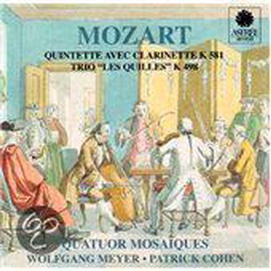 Albumhoes met schildering van een kamer met muzikanten in 18e-eeuwse kledij. Titel: Mozart Quintette avec Clarinette K 581 Trio Les Quilles K 498.