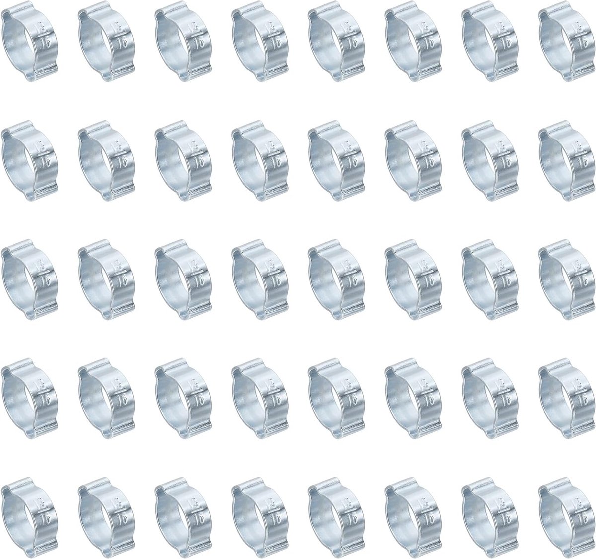 Set van 40 stuks 13-15 mm dubbele oorslangklem, gegalvaniseerde stalen O-clip krimpringen voor brandstof benzine buis buismontageverbindingen, zilverkleur
