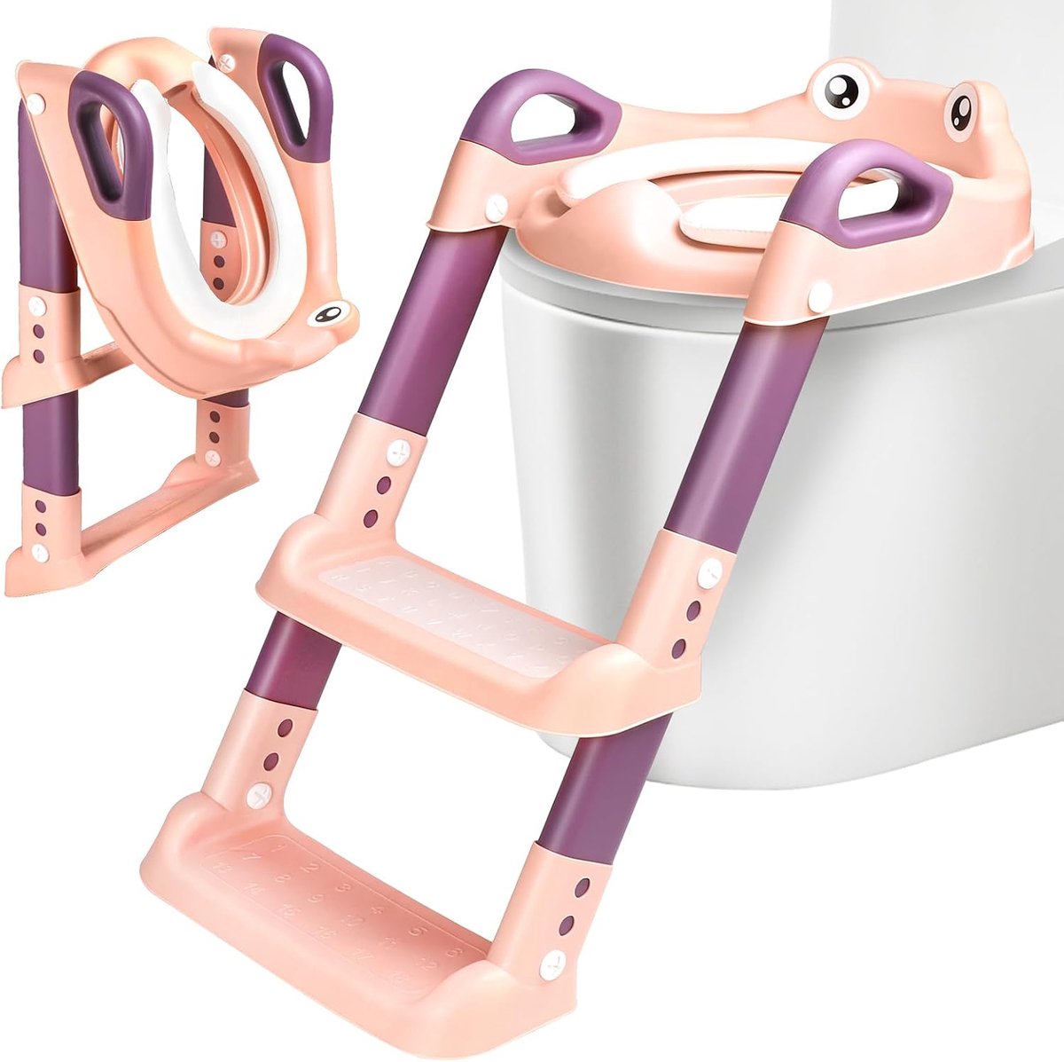 Toiletbril voor kinderen met trap, toilettrainer voor kinderen, 2-in-1 toilettrainer met trap voor jongens en meisjes, wc-bril met PU-bekleding, in hoogte verstelbaar en opvouwbaar, antislip (roze)