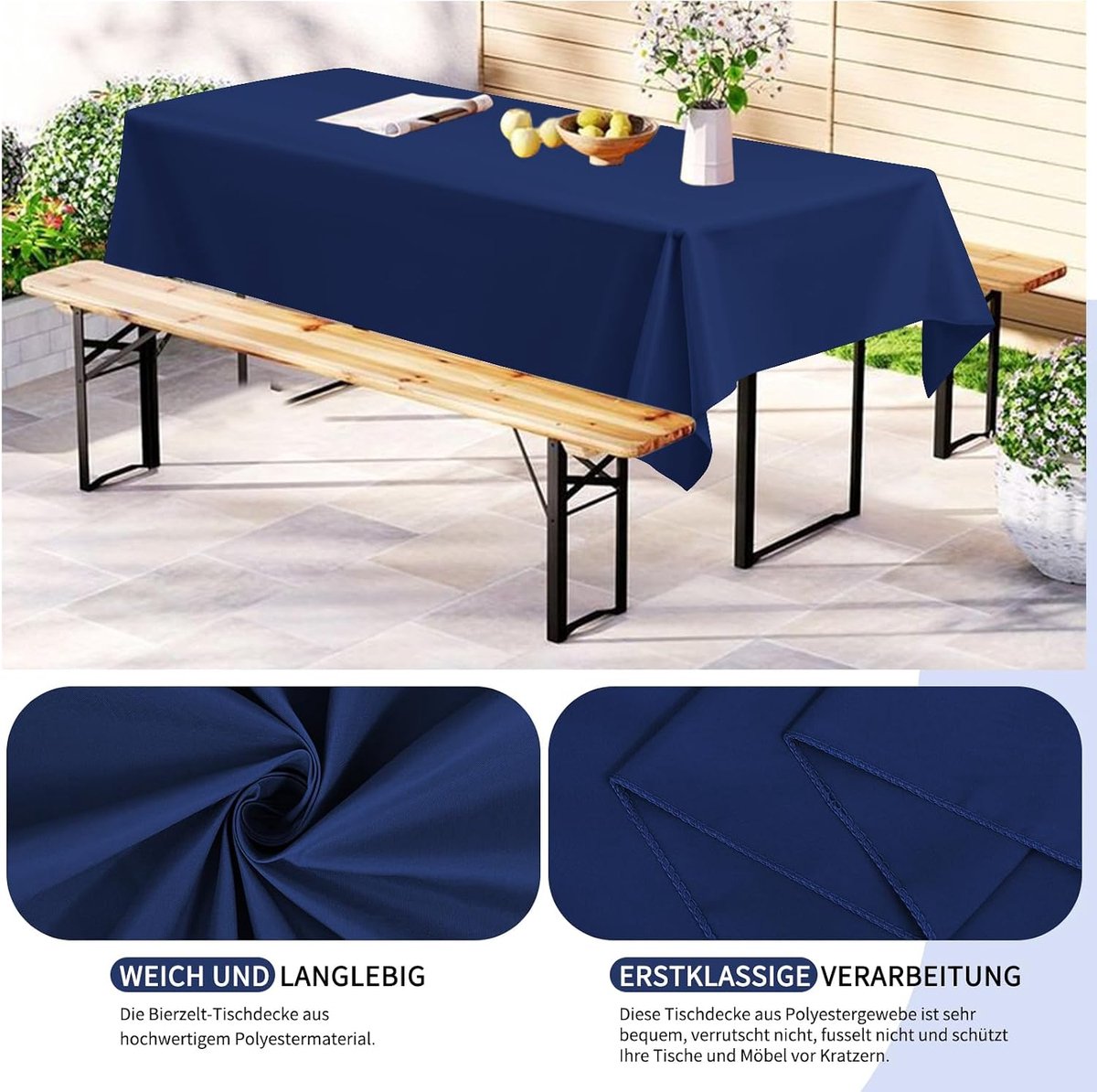 Tafelkleden, 260 x 110 cm, marineblauwe biertenthoes, ondoorzichtig polyester biertafelkleed, wasbare tafelkleden voor buitenbanketten (marineblauw)