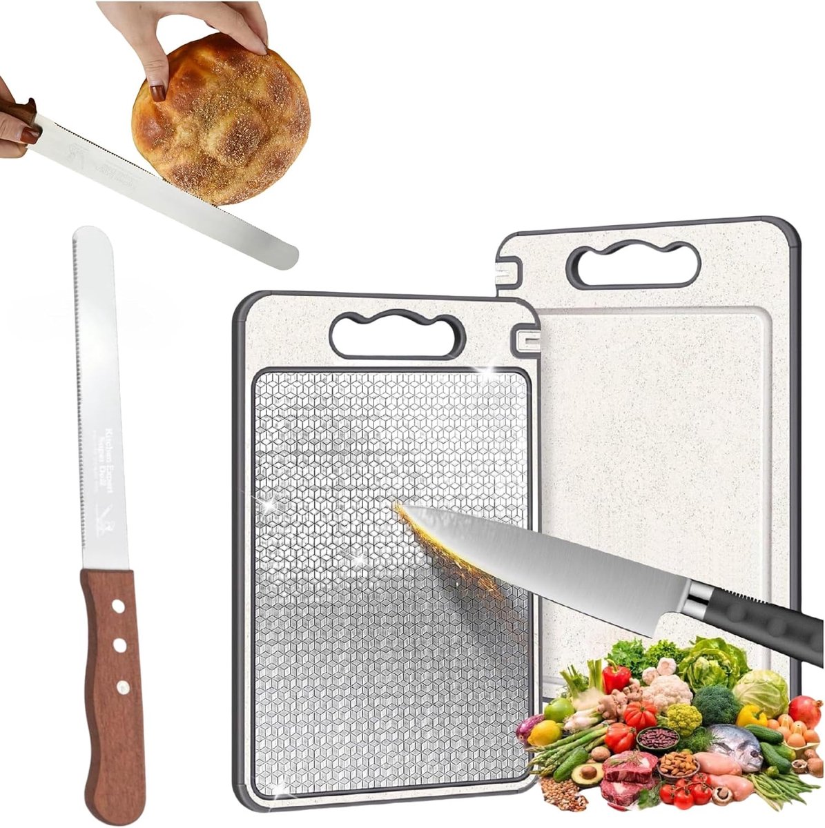 Snijbord Voor De Keuken, 304 Roestvrij Staal En Tarwestro, Antislip, Krasbestendig Titanium Snijbord Voor Vlees En Groenten Met Deegschraper, 37 X 25 Cm