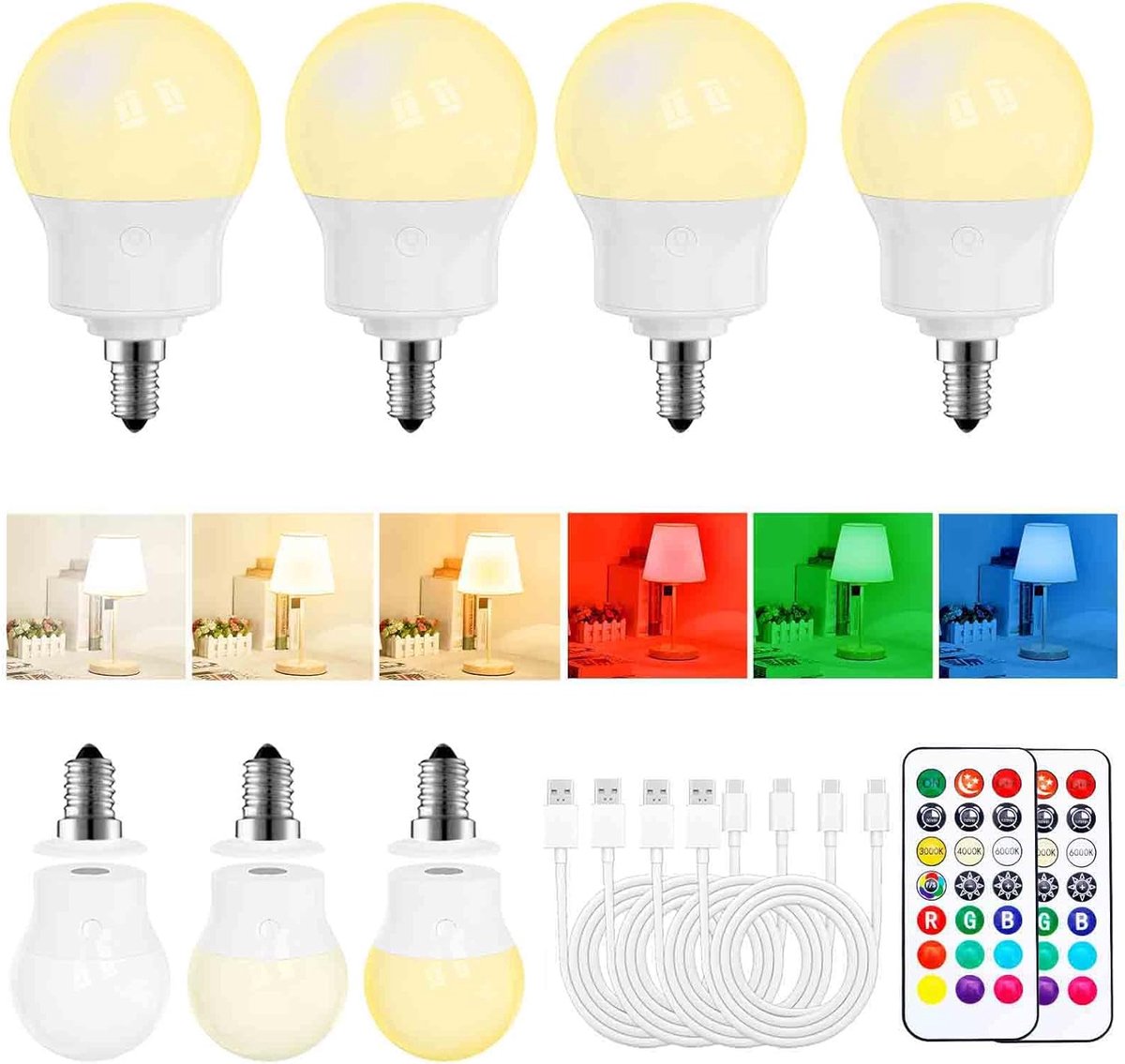 LED Gloeilamp met Afstandsbediening, Dimbaar, Magnetisch, E14 Gloeilamp Accu, 3 Kleurtemperaturen + 9 RGB Kleuren, 480LM, 3 Timers, Voor Lamp Zonder Stroom, Camping & Noodverlichting 4 Pack