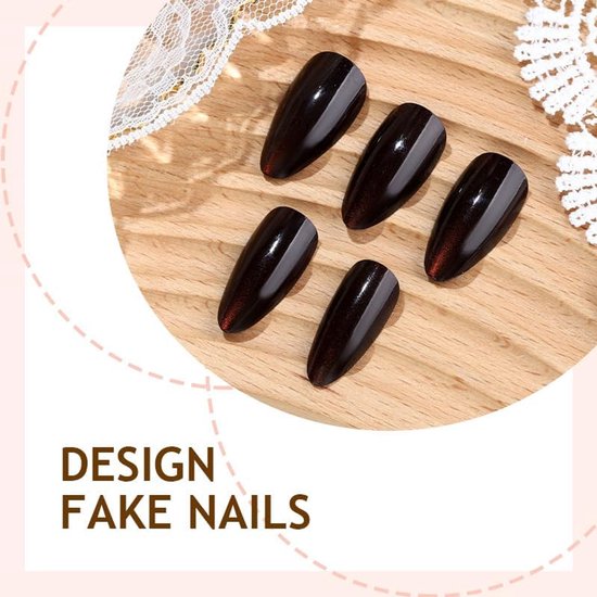 kunstnagels, amandel, bruin, Cat Eye magnetisch design, glitter, korte druk op nagels, bruine fototherapie, retro-chic, flair herfst winter INS kunstnagels — afbeelding 2