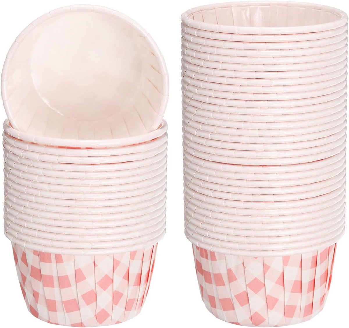 Mini cupcake-liners voor het bakken van cupcakes, 50 stuks cupcake-muffinvormpjes, cupcake-houder, papiervetbestendige wrapper voor bruiloften, douches, geschenken (lichtroze en wit)