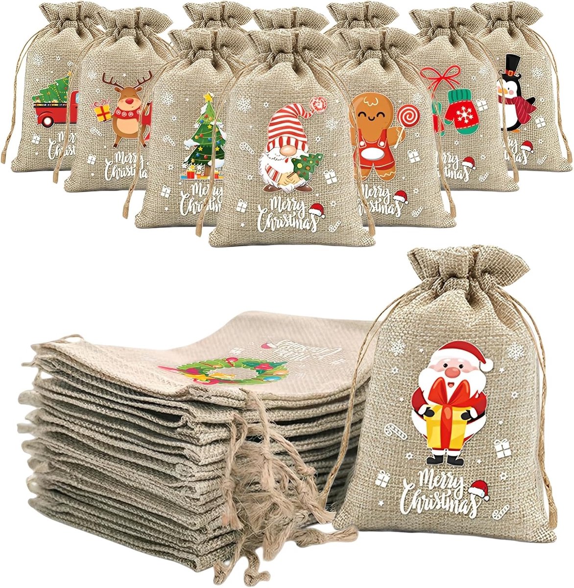 zakjes voor Kerstmis, 12 stuks, kleine cadeauzakjes van jute met trekkoord, 12 designs, kleine cadeauzakjes voor Kerstmis, herbruikbare kerstcadeauzakjes van stof