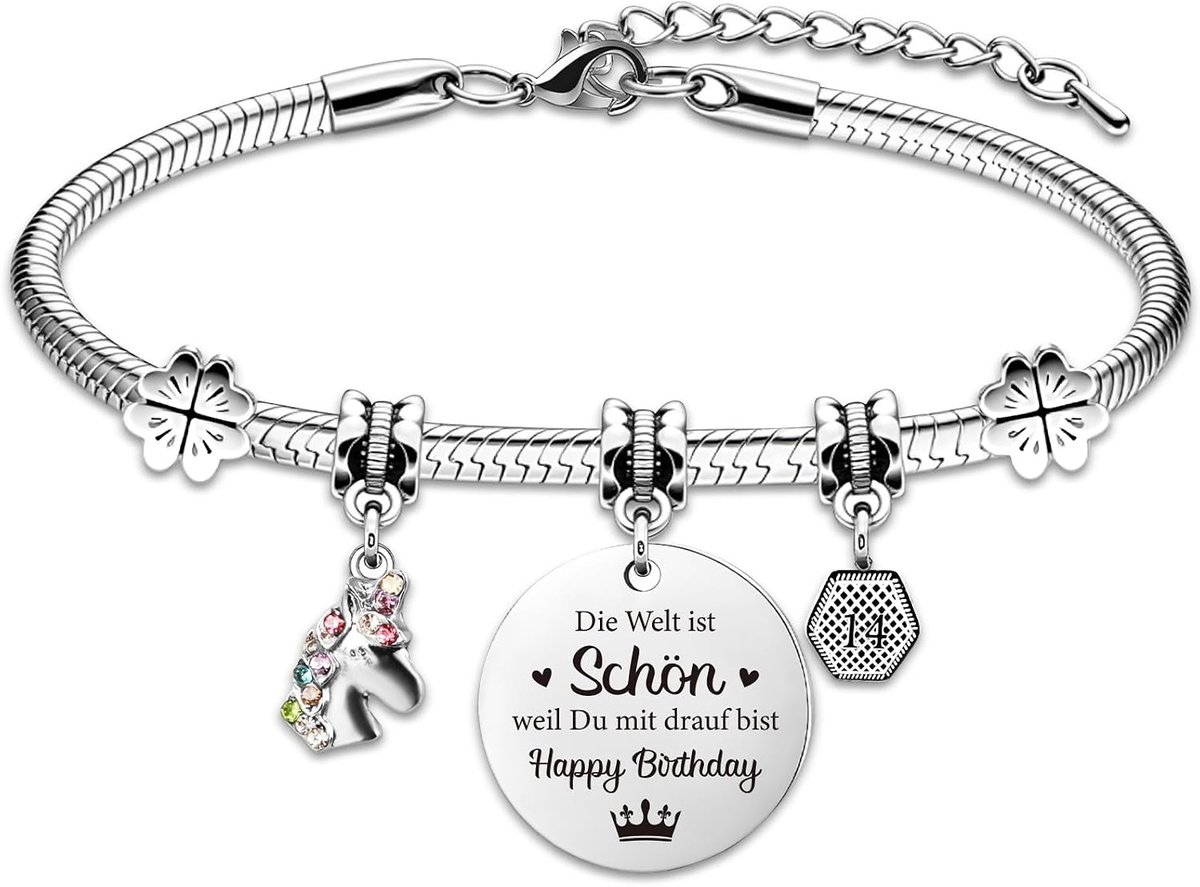 Verjaardagsarmband voor meisjes, eenhoorn-bedelarmband als verjaardagscadeau voor jongeren, dochters, kleinkinderen, nichtjes en vrienden, 17+4