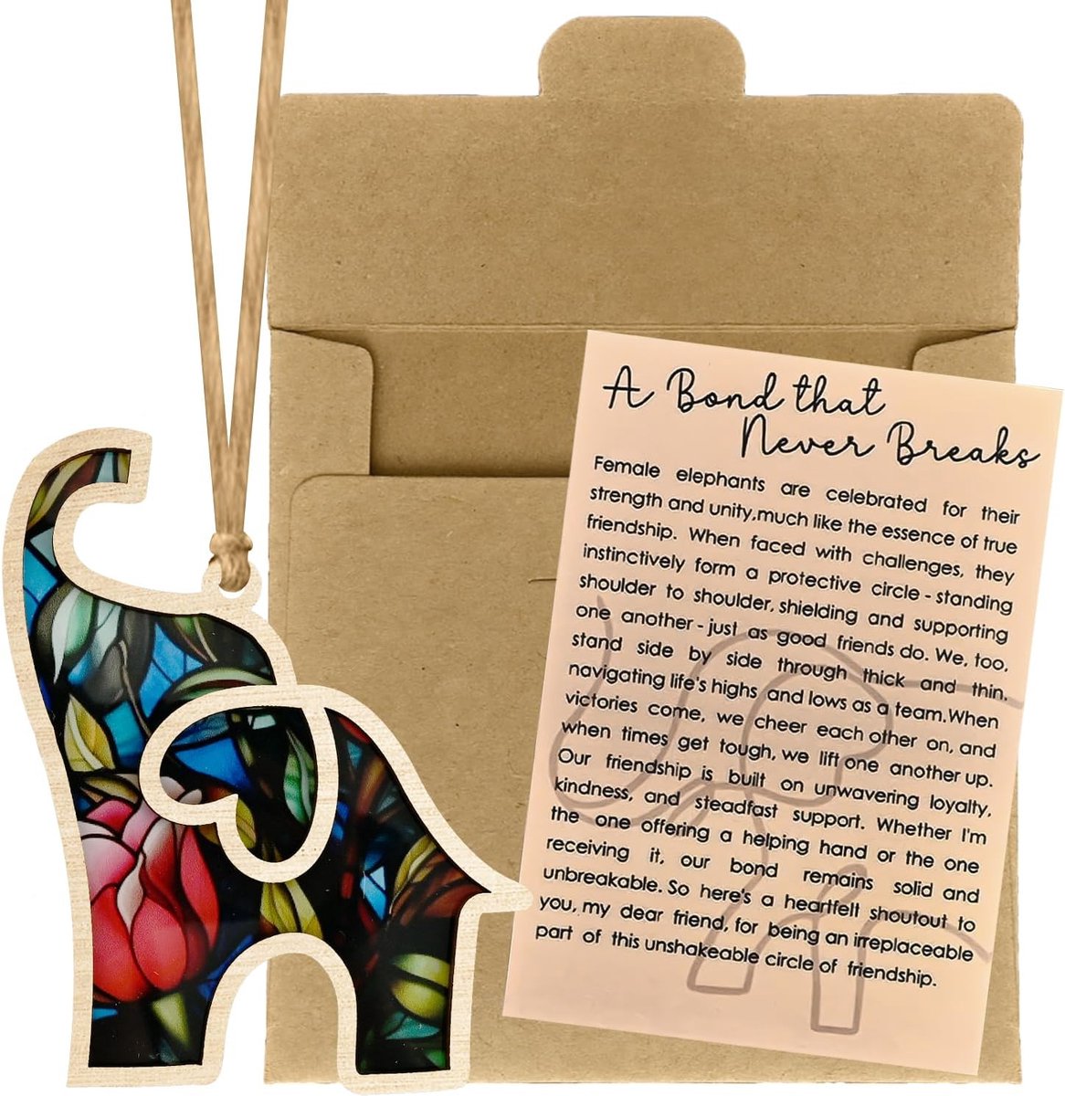 Cadeaus voor Vrouwen | Vriendschap Olifant met Verhaalkaart | Houten Herinneringsornament voor Vriendinnen, Zussen, Pasen, Halloween, Kerst (Stijl B)
