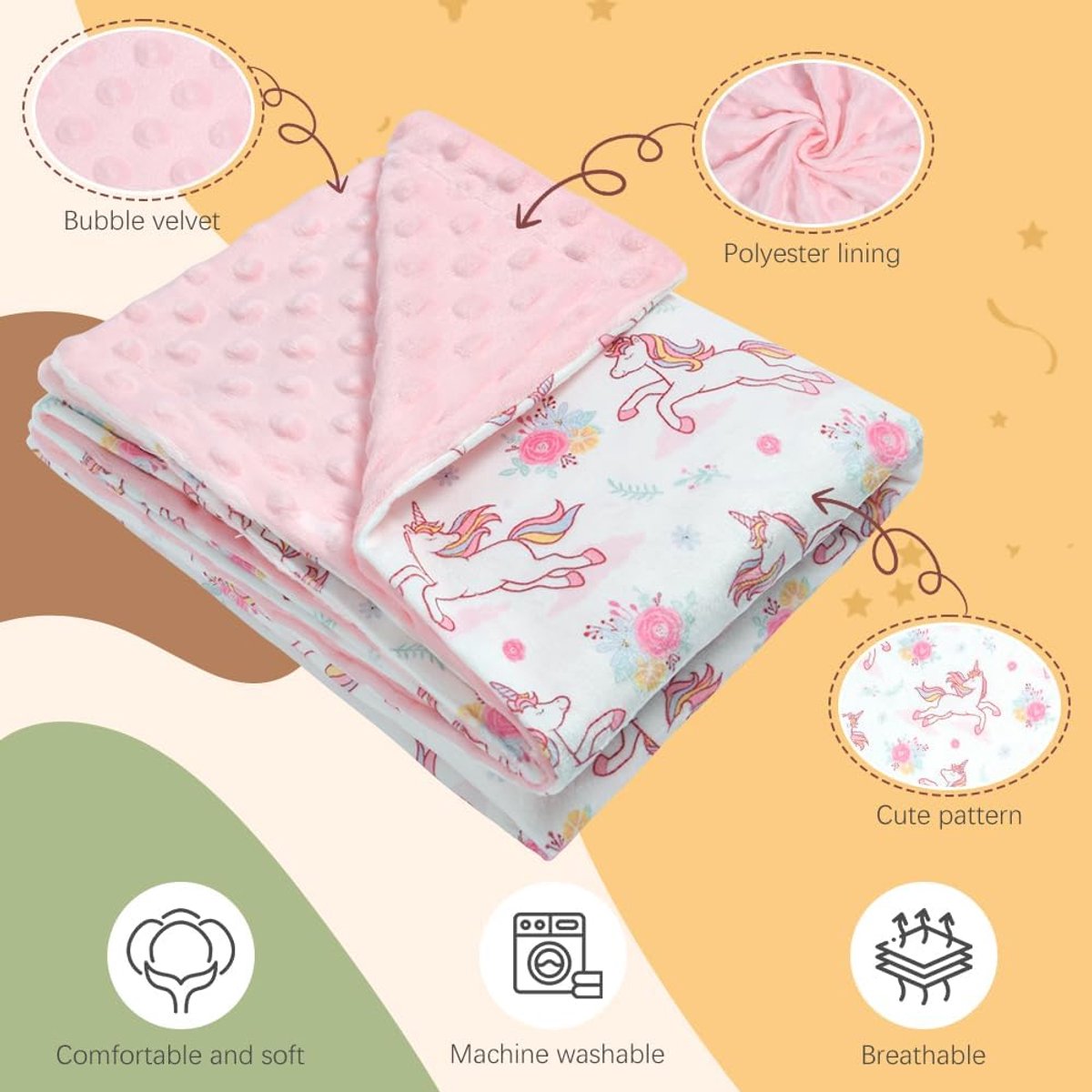 100 x 75 cm kinderdeken met gestippelde achterkant, pasgeboren geschenken, voor Unisex, geschikt voor kinderwagen, autostoel en kinderbedje beddengoed