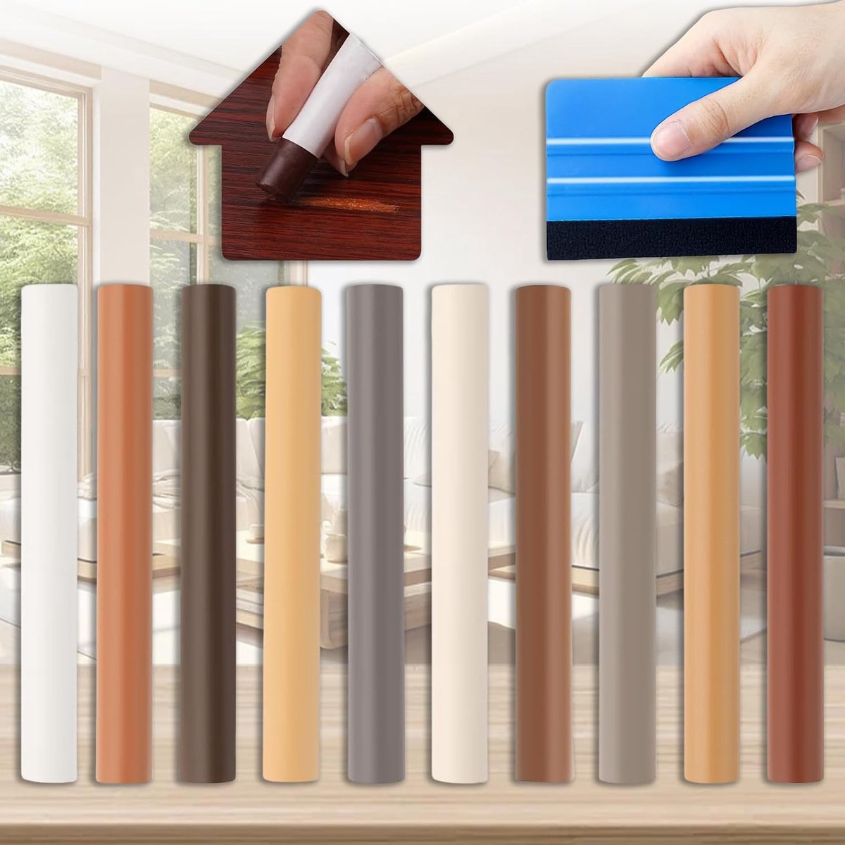 10 Stuks Laminaatreparatieset, Houtreparatiestift Met Blauwe Schraper, Meubelreparatieset Voor Het Vullen En Repareren Van Krassen En Gaten Op Meubels En Andere Houten Oppervlakken