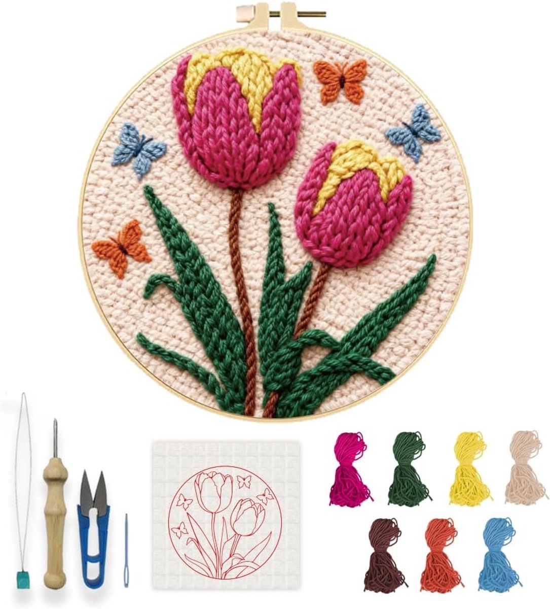 Kits voor Beginners DIY Punch Naald Borduursets met Instructie Bloem Vlinder Gestempeld Handwerk Tapijt Garen Haken Set Hand Borduurset voor Ambachtelijke Liefhebbers Thuis