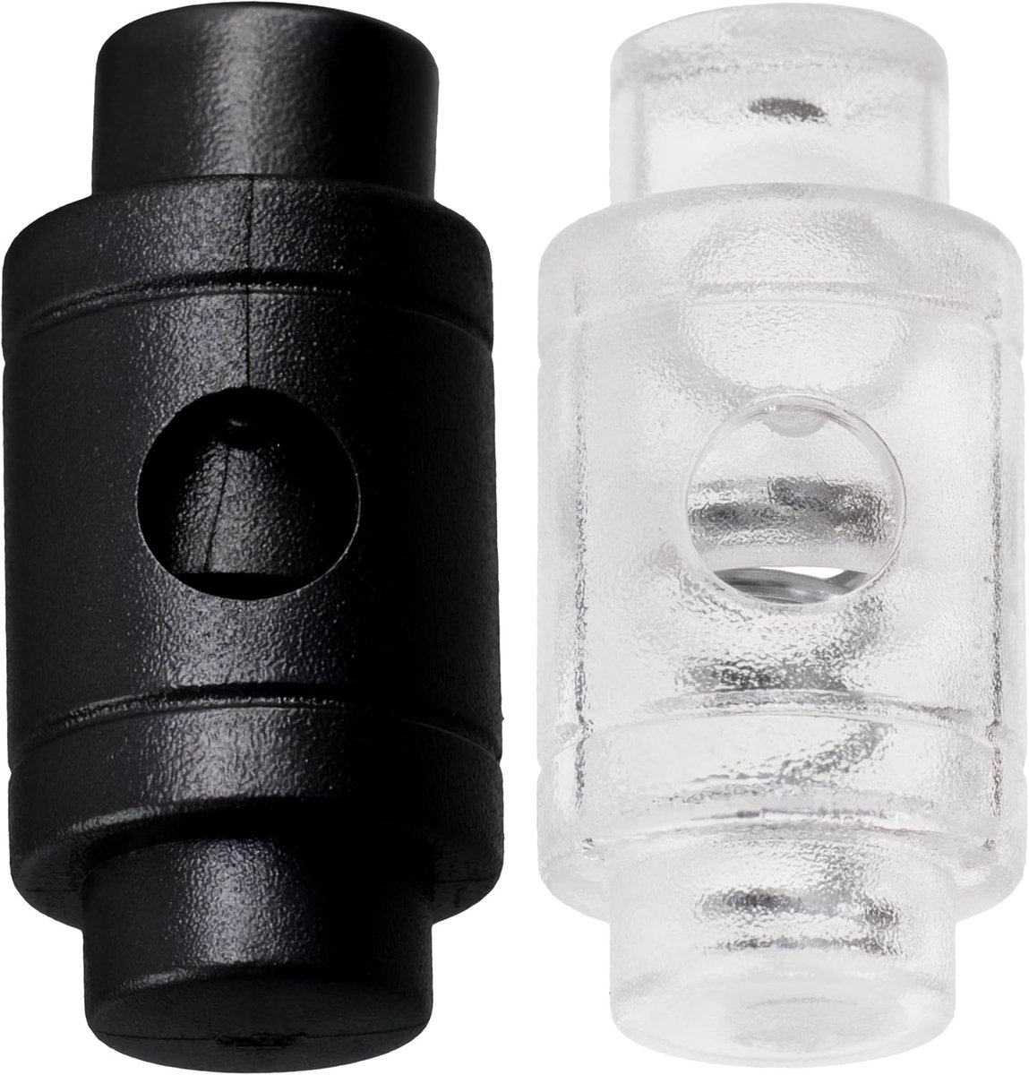 - Set van 20 veerbelaste cilindrische koordsloten met 1 gaten - stopklem stopkoord - 4 mm opening - kunststof - kleur transparante witte en zwart