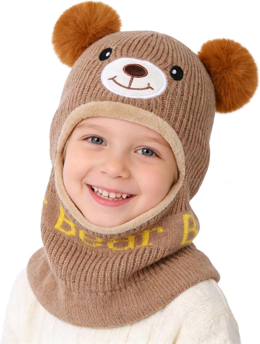 Wintermuts voor jongens en meisjes, 3-in-1 gebreide muts, bivakmuts, kinderen, dubbele pom, schattig, fleece, sjaal met capuchon, wol, balaclava, voor skiën, fietsen buiten