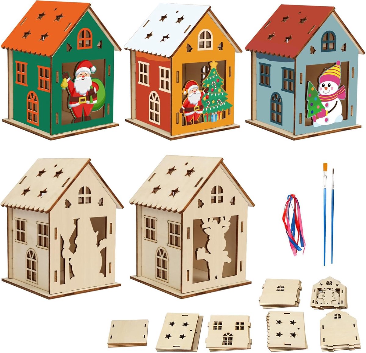 5 stuks kersthuis knutselen kinderen Kerstmis knutselset hout creatieve sets decoratie met 2 penselen cadeau winter jongens meisjes