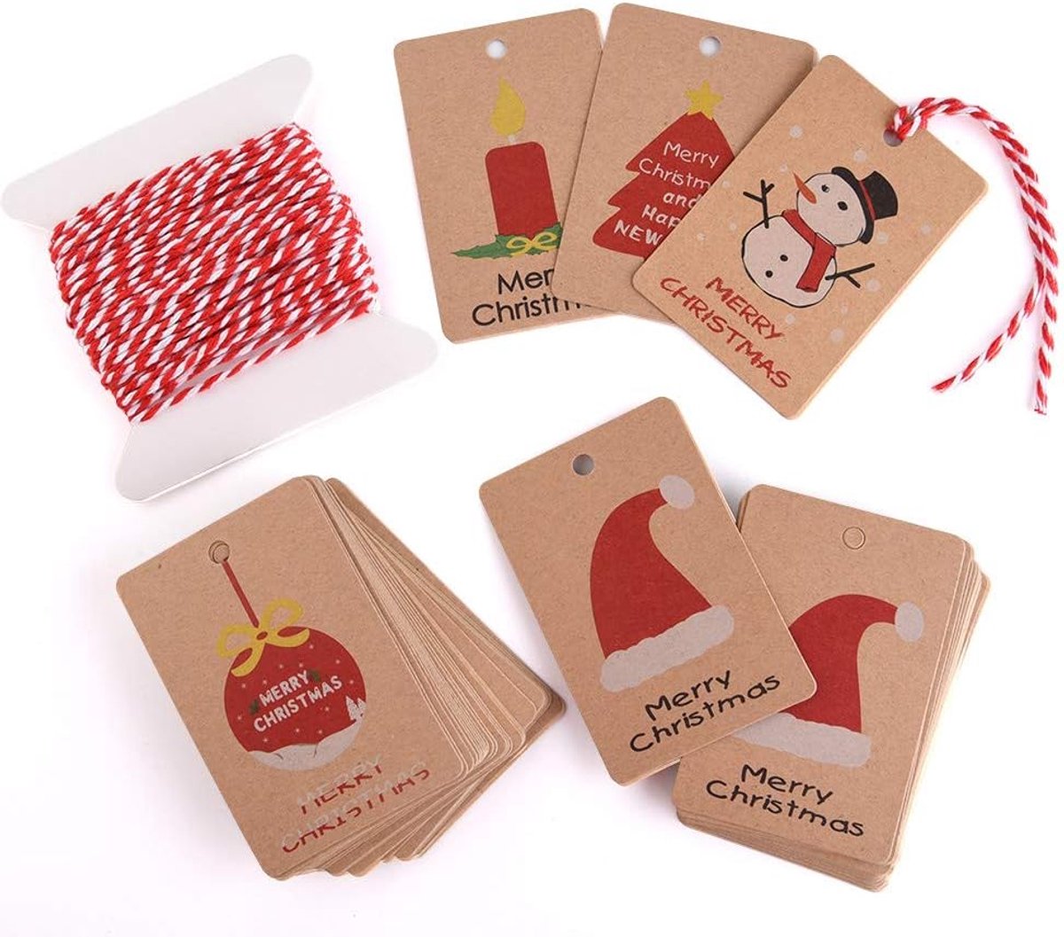 Kraftpapier kerstcadeaulabels voor Kerstmis, cadeauverpakking, etiket met hangend touw, 5 verschillende ontwerpen