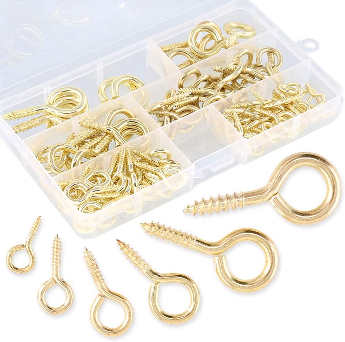 120 stuks metalen schroefoogbouten en haken kit, 6 maten, gouden afwerking, ideaal voor thuis/kantoor