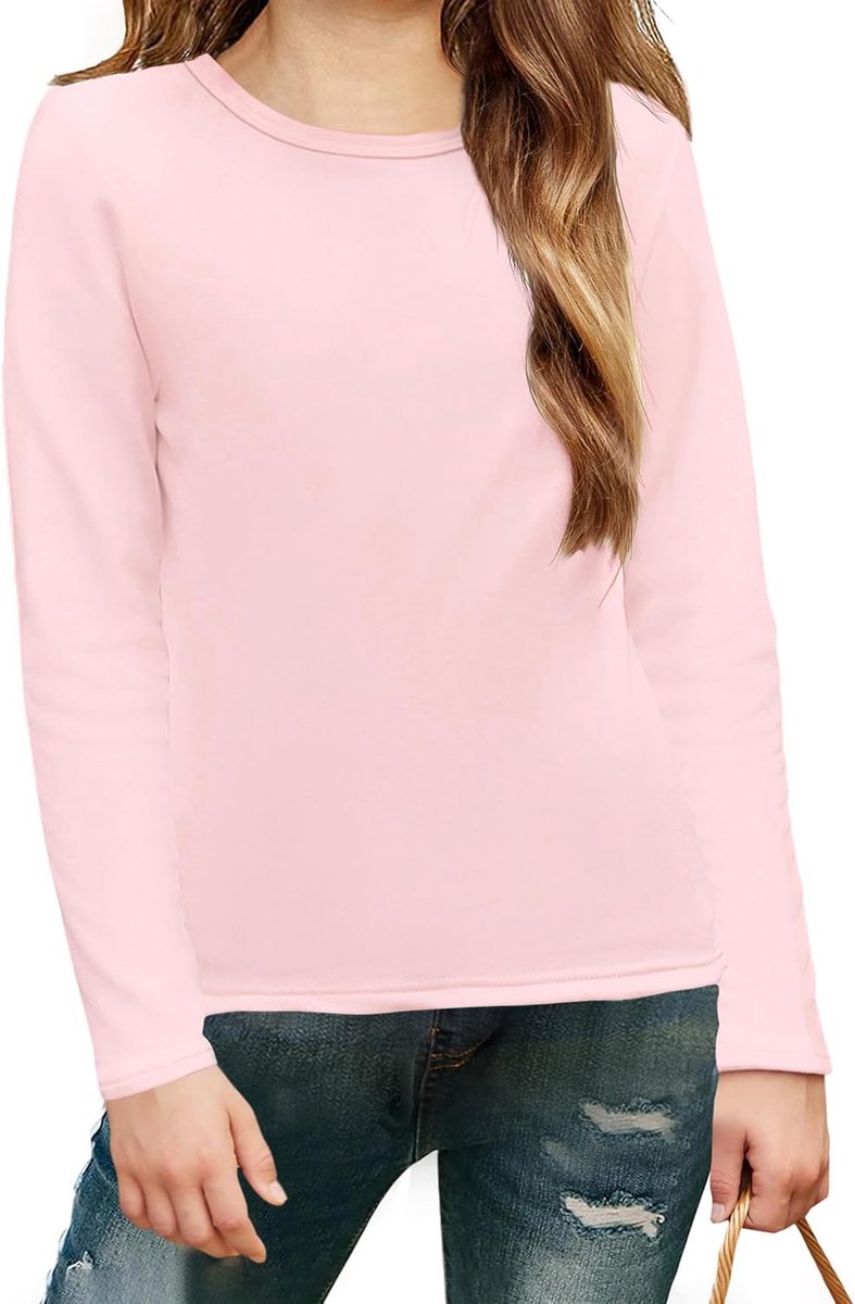 Meisjes-T-shirt met lange mouwen, ronde hals, lange mouwen, binnenfleece, bovenstuk, effen, thermische top, basic pullover voor kinderen, slimfit, casual, thermosweatshirt, onderhemden