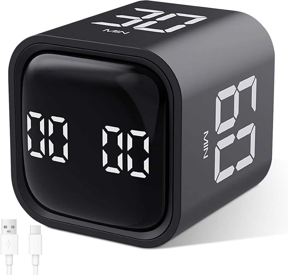 Pomodoro Timer, draaibare kubustimer, 5/10/30/60 minuten en countdown, digitale eierwekker met vibratie, korte wekker met instelbare geluid, voor kinderen, keuken, sport, studie, werk, zwart