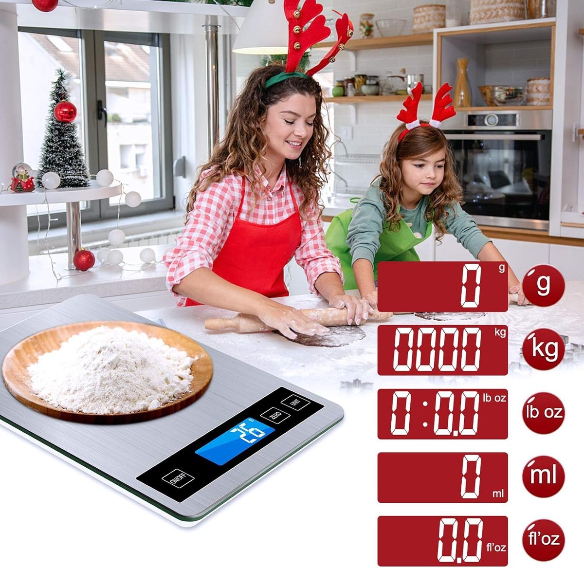 Digitale keukenweegschalen met LCD-scherm+roestvrij staal+gehard glas, nauwkeurigheid tot 1 g - g/kg/lb: oz/ml/fl'oz -USB of batterij bediend