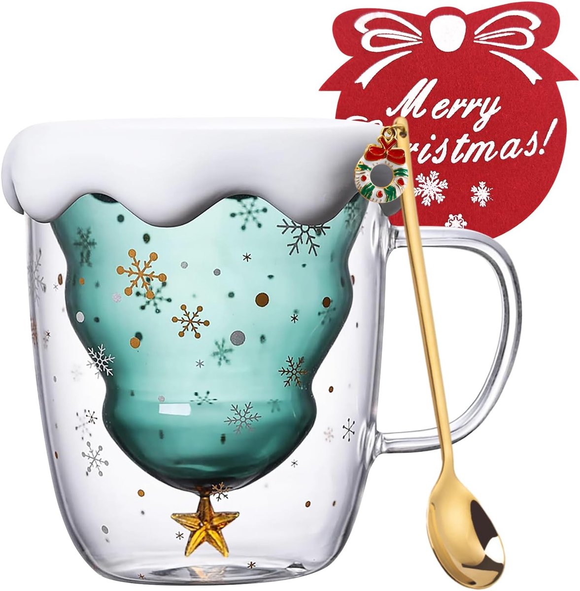 Mokkenset, Kerstmok, Koffiemokken, Kerstmokken, Dubbelwandige Glazen Kerstmok met Deksel, Handvat, Glaswerk, Roerlepel en Onderzetter, Kerstcadeaus, 300 ml