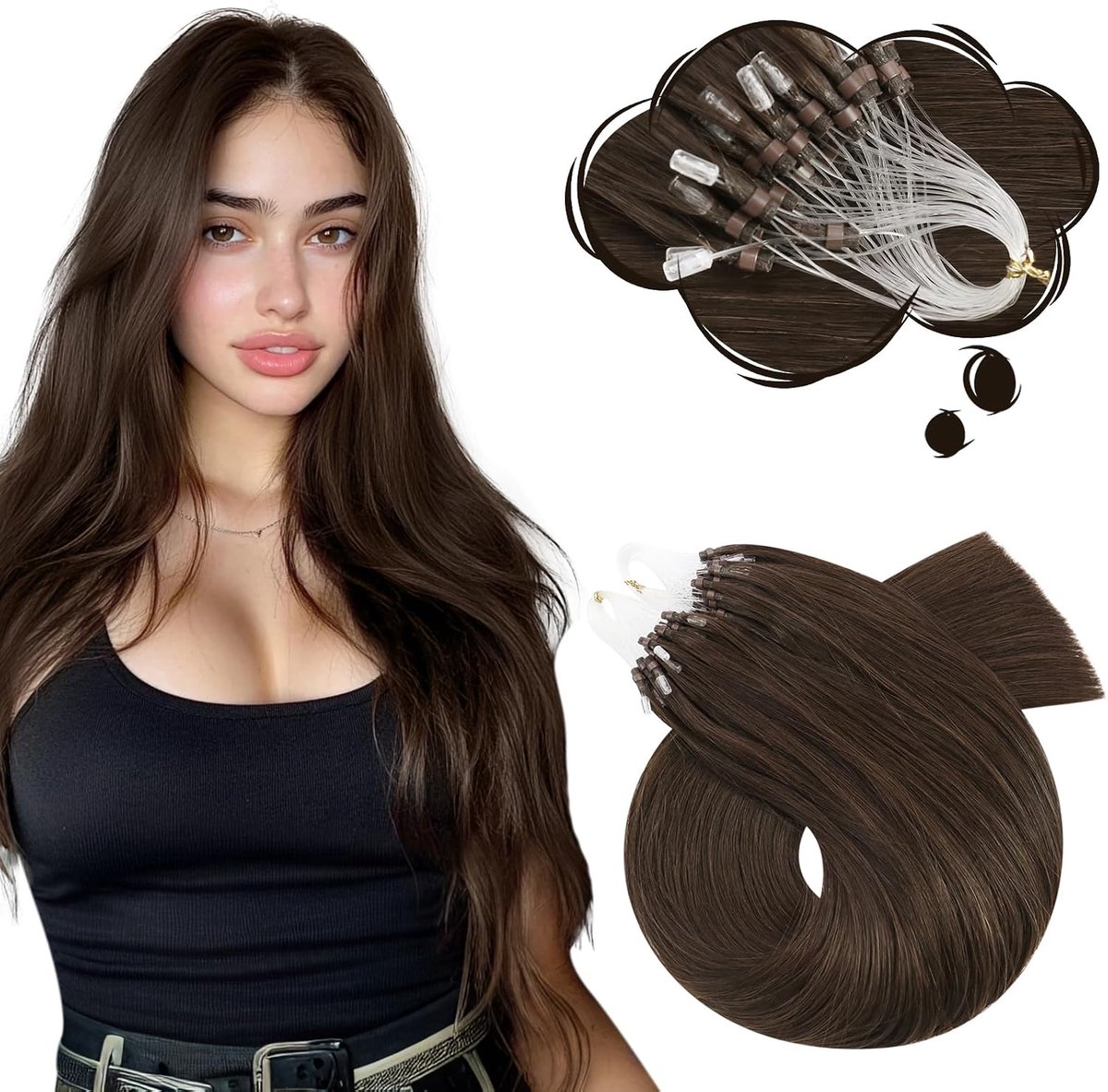 Haarverlenging Van Echt Haar Microring 40cm 50 Strengen Haarverlenging Van Echt Menselijk Recht Haarverlenging Echt Haar Microbeads Extensions Haar Microloop Donkerbruin #4 16 Inch 50g