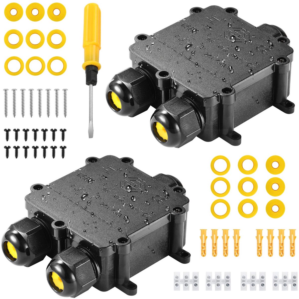 Aftakdozen, IP68 waterdicht, grotere 3-weg aansluitdoos, buiten, tuin, aardkabel, elektrische buitenverdelerdoos, kabelverbinder, M25 kabelschroefverbinding Ø 4 mm-14 mm, PC + PA66 (2 stuks)