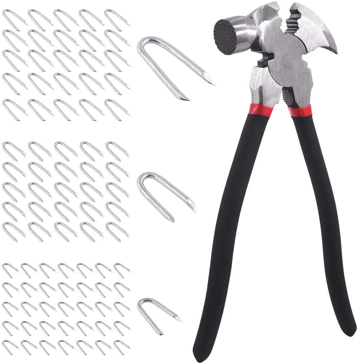 151 Stks 13 Inch Schermtang met Hamerkop en 3 Maten 3/4" 5/6" 3/2" Staaldraad Nietjes Set, Nail Puller Tang, Niettrekker voor het installeren, onderhouden en repareren van draadhekken