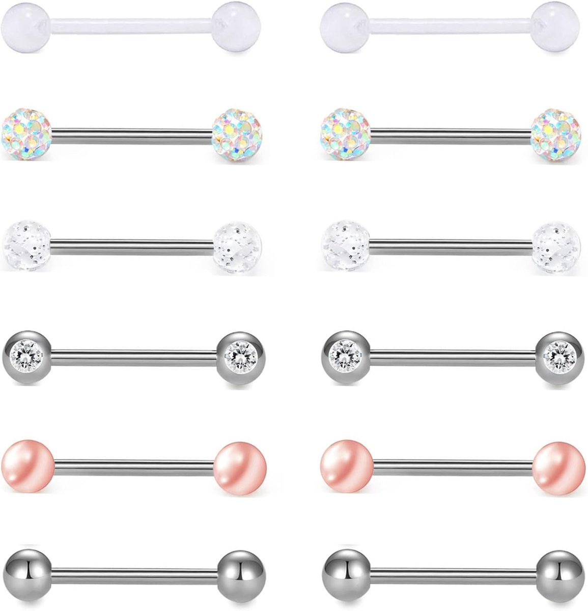 12 stuks tongpiercing, tepelpiercing, roestvrij staal, barbell, lichaamspiercing, sieraden, 12 mm, 14 mm, 16 mm, 18 mm