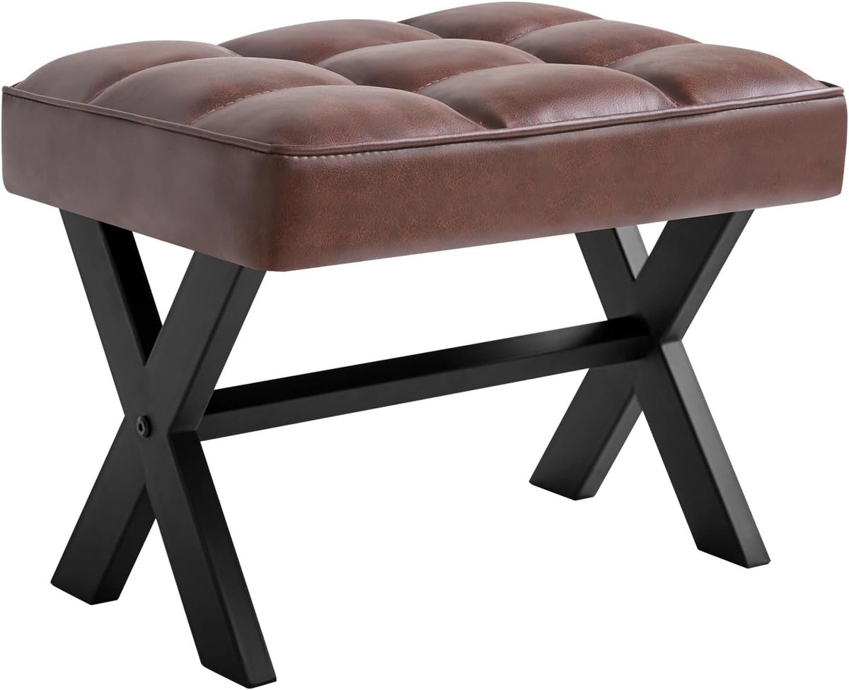 Kleine 30,5 cm hoge voetenbank, vierkante PU-voetenbank met metalen X-poot, multifunctioneel als kleine bijzettafel, stapbank voor woonkamer, slaapkamer, entree, kantoor, donkerbruin WBD012Z