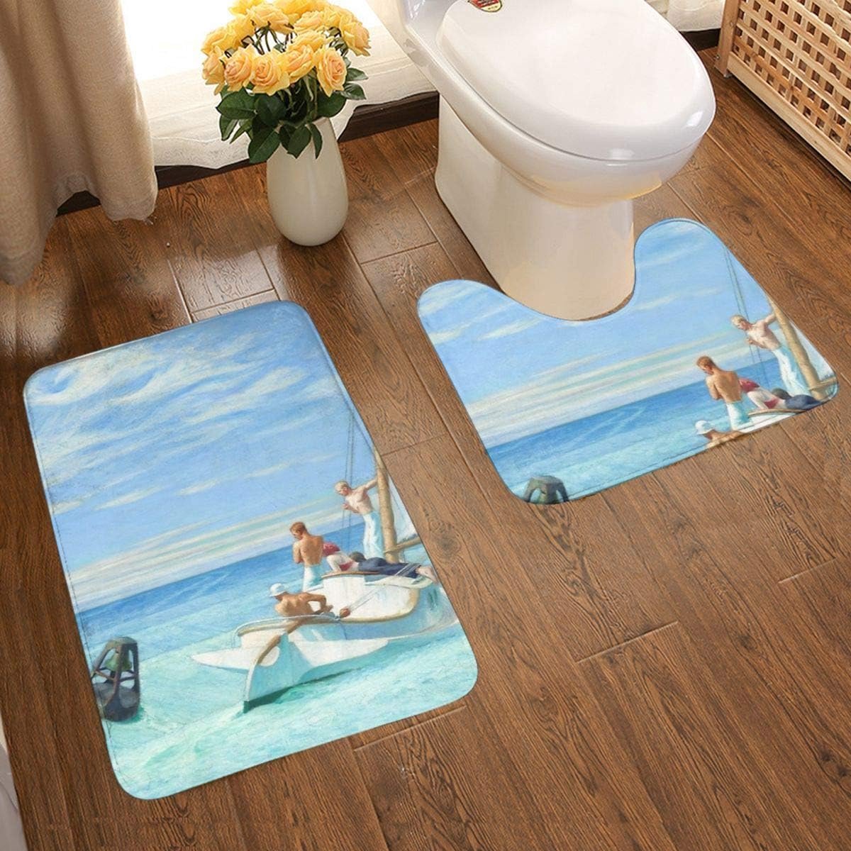 Swell olieverfschilderij door Edward Hopper 2-delige zachte anti-slip badmatset, textuur fotografie inclusief 80x50cm hoge absorptie wc-bril en 50x40cm microvezel zachte pluizige badkamer tapijt, anti-slip mat wasbaar.