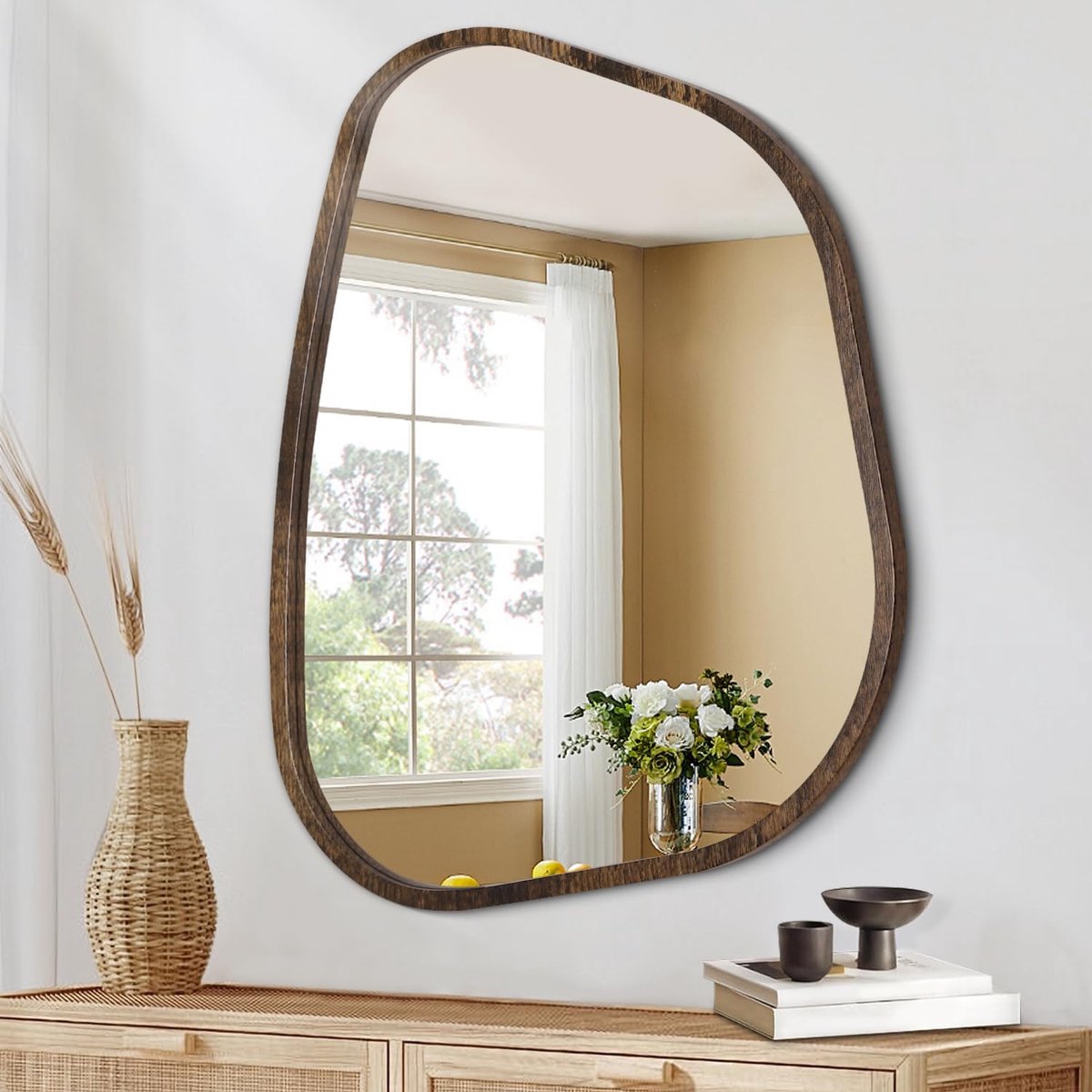 spiegel, onregelmatige wandspiegel, moderne houten lijst, unieke vorm, wandspiegel, ovaal, decoratie voor woonkamer, slaapkamer, badkamer, hal, 50 x 40 cm