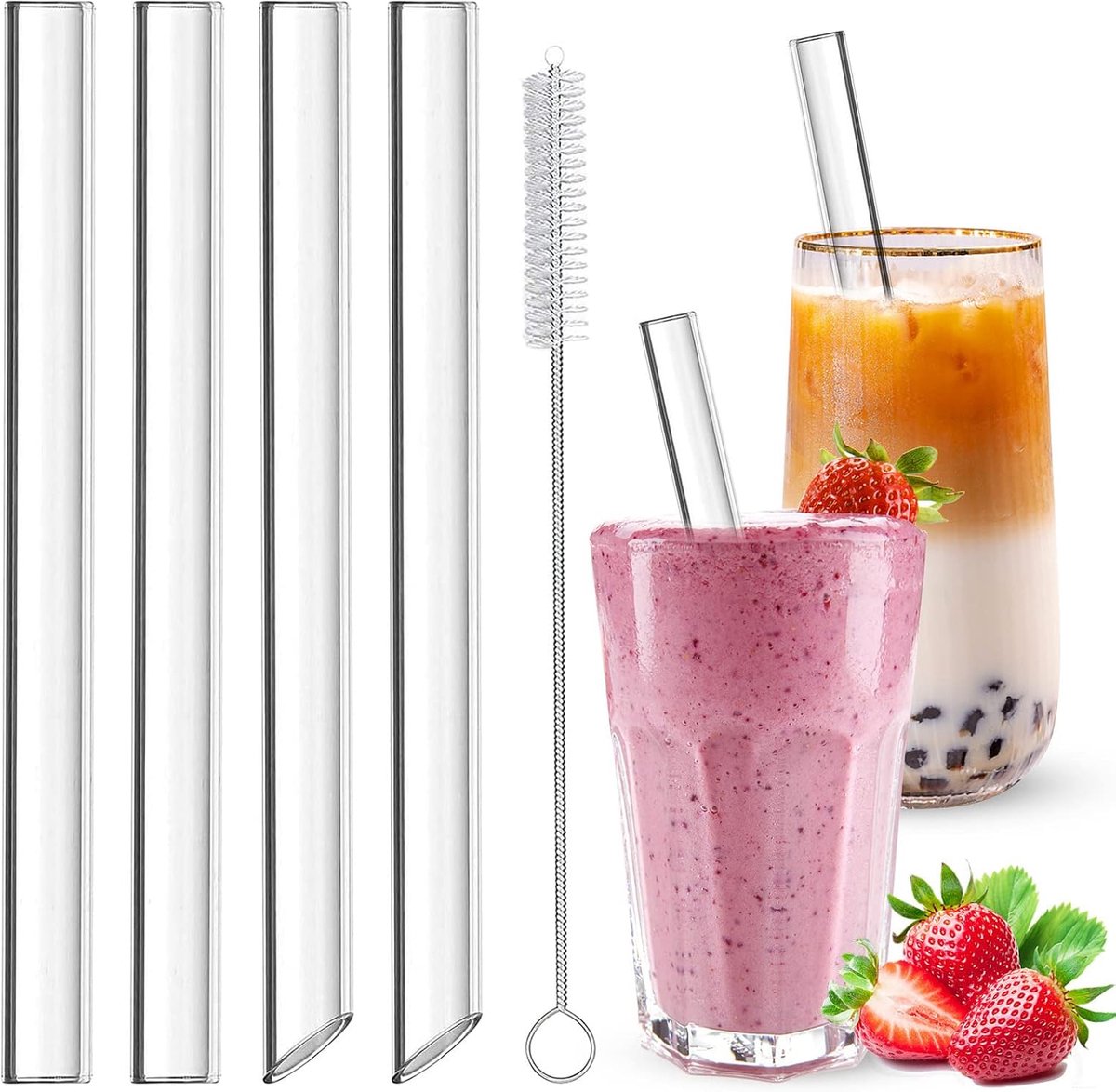 Exra Bubble Tea Rietjes, 4 Stuks, 14 mm, Dikke Rietjes, Glas, Herbruikbaar, Met Reinigingsborstels Voor Smoothiesappen, 21,5 cm