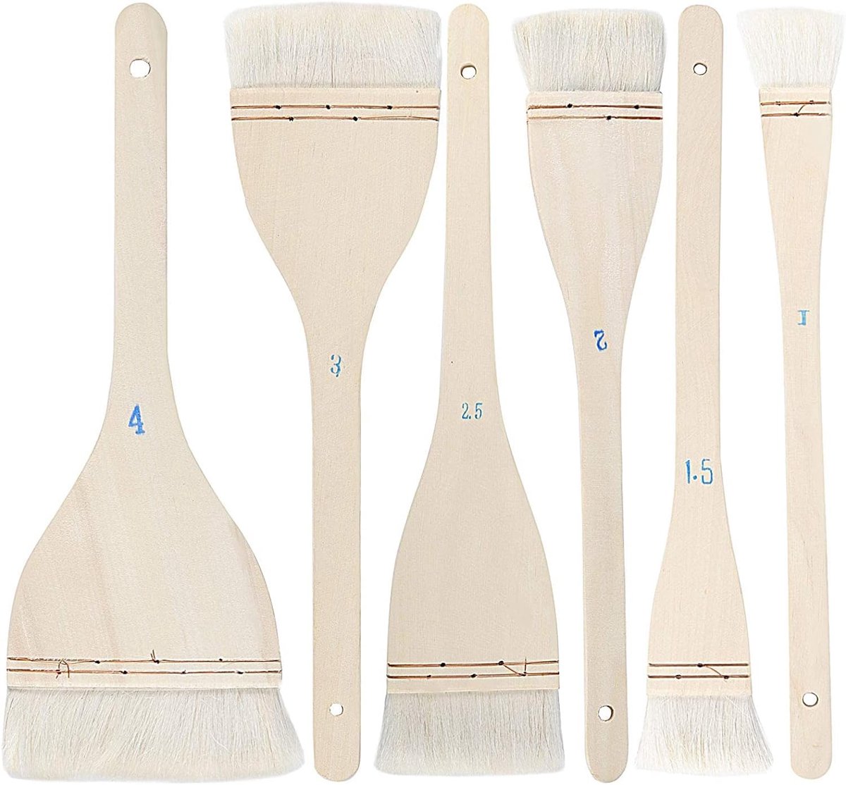 6 stuks 6 maten platte heekborstels, zachte geitenhaarborstel en heek verfborstel met massief houten handvat, heekborstel set voor aquarel aardewerk schilderen kunst