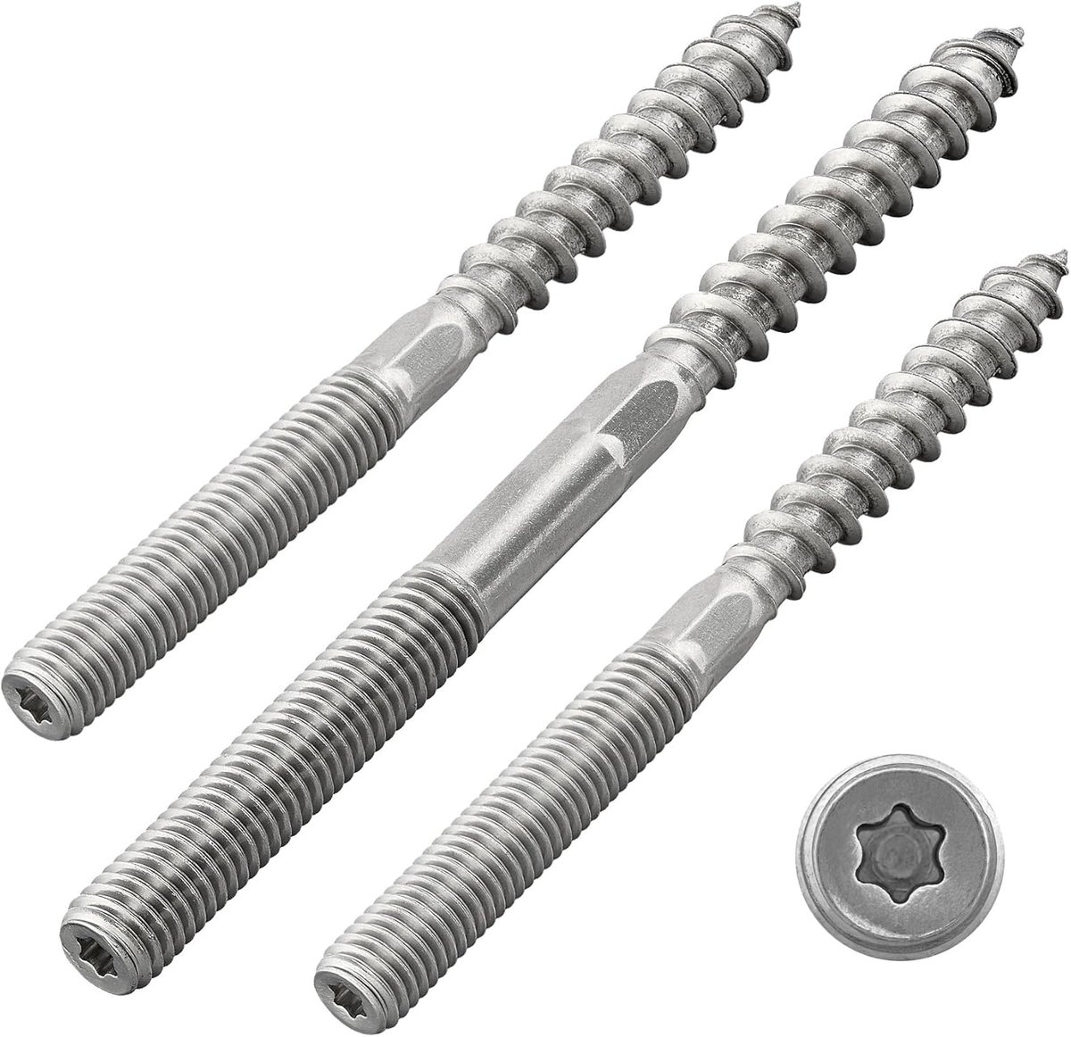 Stockschroeven met Torx-aandrijving (TX) | met zeskant middenstuk | roestvrij staal A2 / V2A | dubbele schroefdraadschroeven | schroefstiften | houtschroef (M8 x 120 mm, 2 stuks)