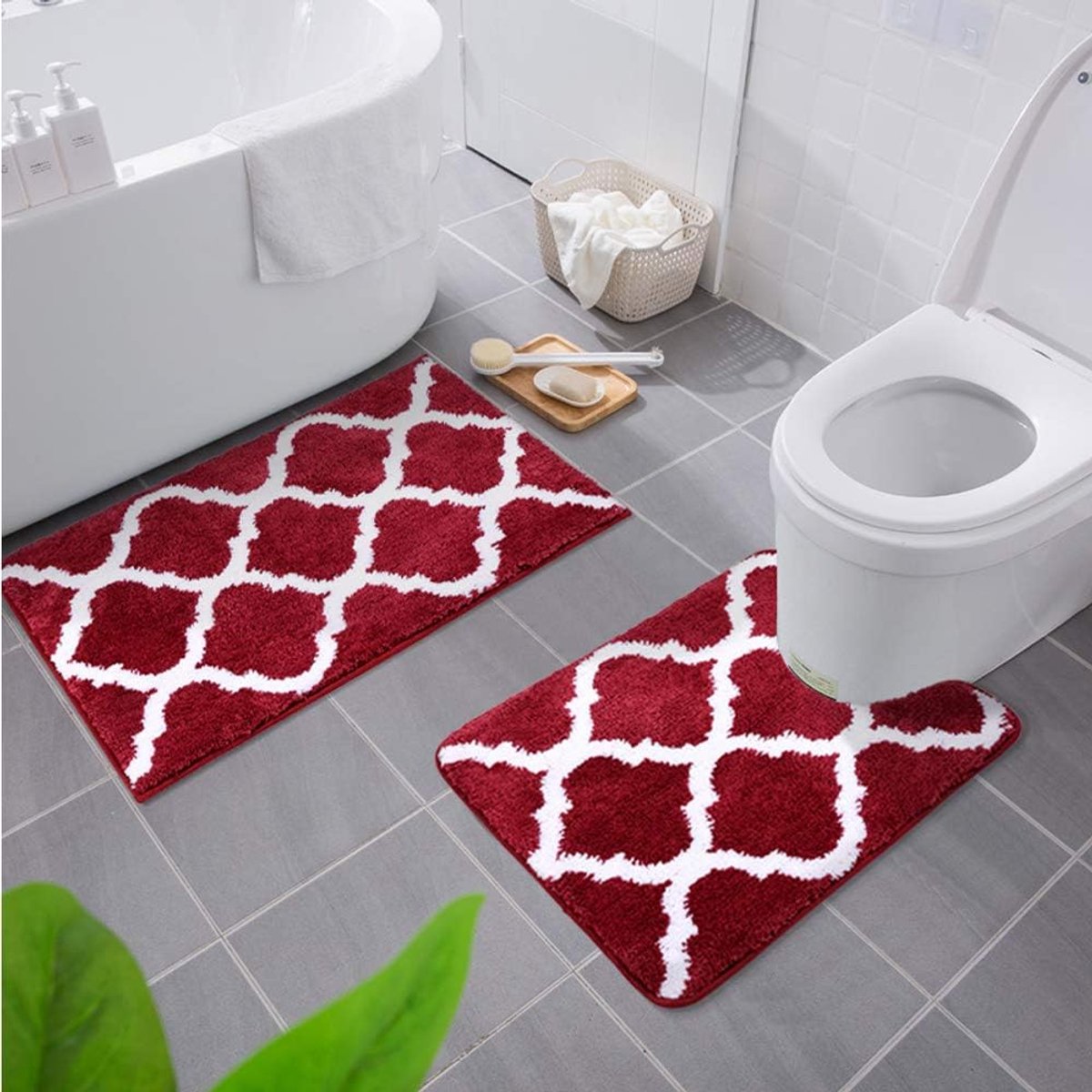 Antislip badmatset, 2-delig, zacht, hoogpolig, badkamer, toilet, badkamertapijt, set, microvezel, 2-delige set, wijnrood