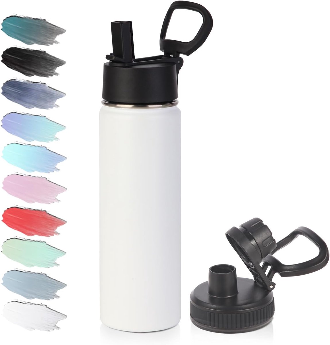 20oz geïsoleerde roestvrijstalen waterfles met rietjesdeksel, brede mond dubbelwandige vacuümbekers met handvat, herbruikbare metalen buitensporten flessen, reisfles koud en warm houden (wit