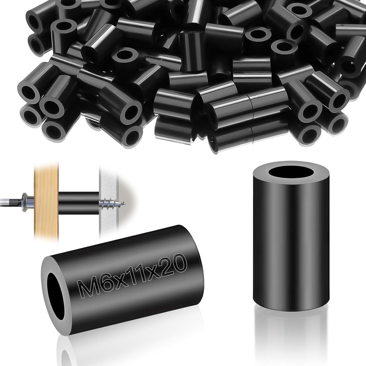 Afstandshulzen M6 ronde afstandhouders, 50 stuks nylon sluitringen, kunststof, afstandhuls, ABS rubber, afstandhouders, isolatie, sluitringen, 11 x 20 mm, zwart, afstandhouders voor M6
