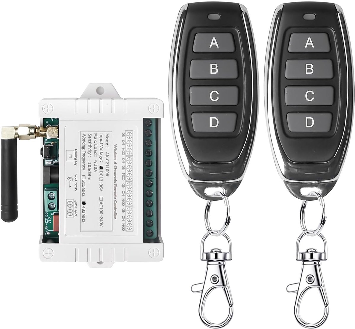 12V 24V 36V 4 kanalen draadloze afstandsbediening: draadloze afstandsbediening, handzender afstandsbediening potentiaalvrij licht motor aandrijving garagedeur met 2 metalen afstandsbedieningen voor
